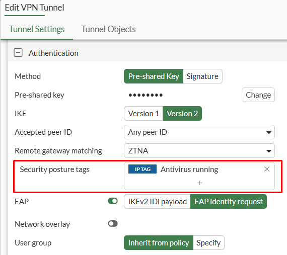 VPN tunnel, remote gateway matching security posture tags on FortiGate