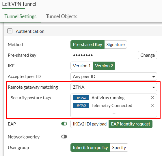 VPN tunnel, remote gateway matching security posture tags on FortiGate