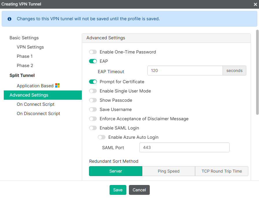 FortiClient EMS remote access profile advanced settings