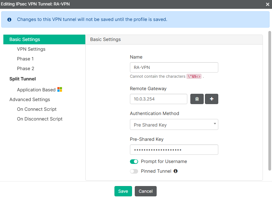FortiClient EMS remote access profile basic settings