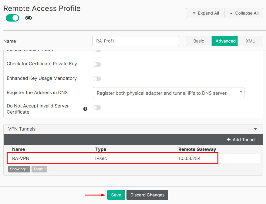FortiClient EMS remote access profile tunnel created