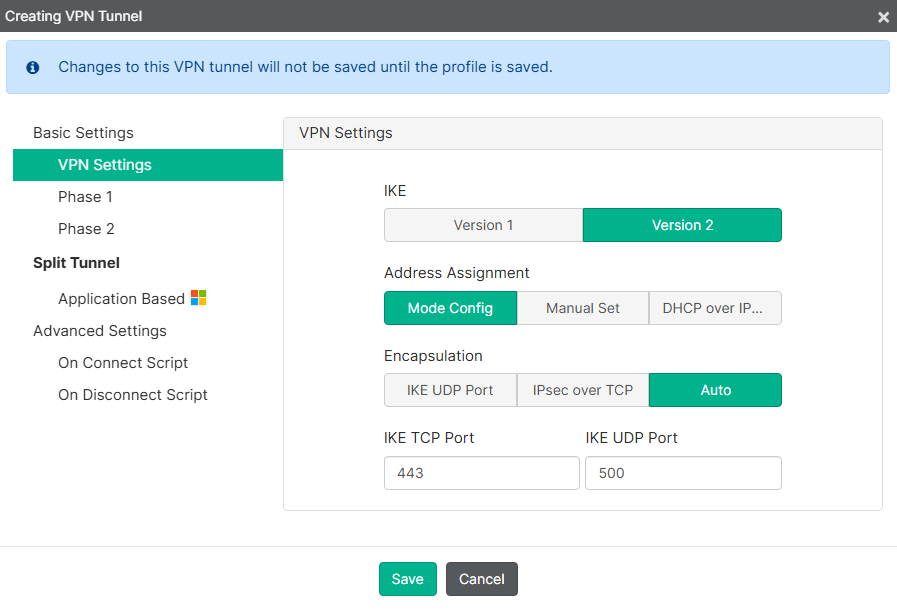 FortiClient EMS remote access profile VPN settings