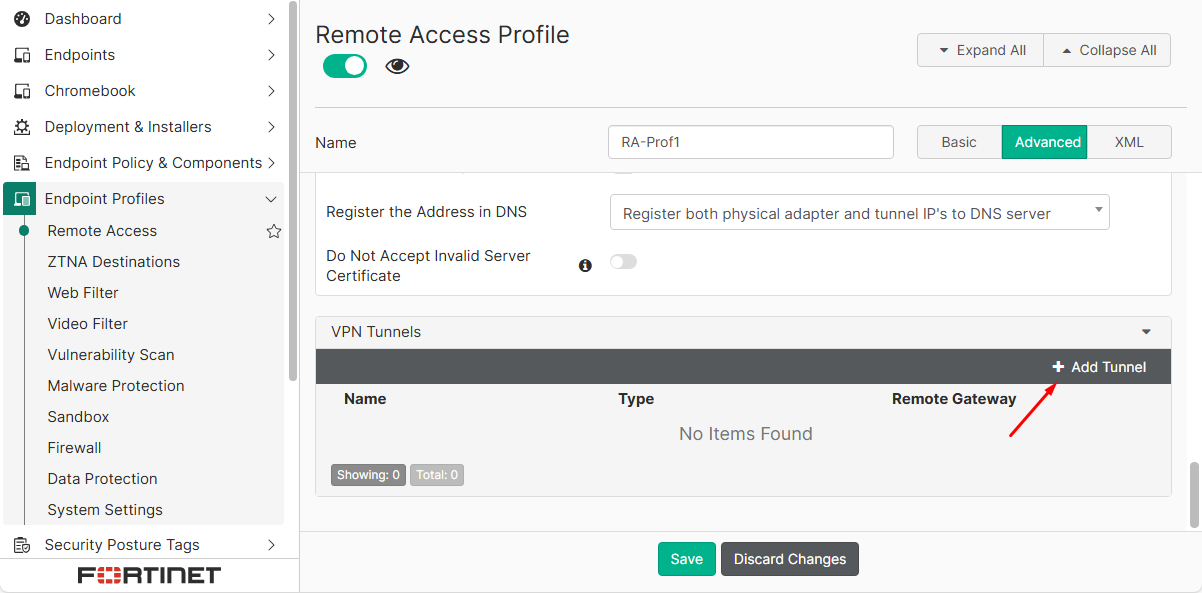 Add tunnel on FortiClient EMS remote access profile