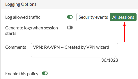 Logs all sessions on FortiGate firewall policy