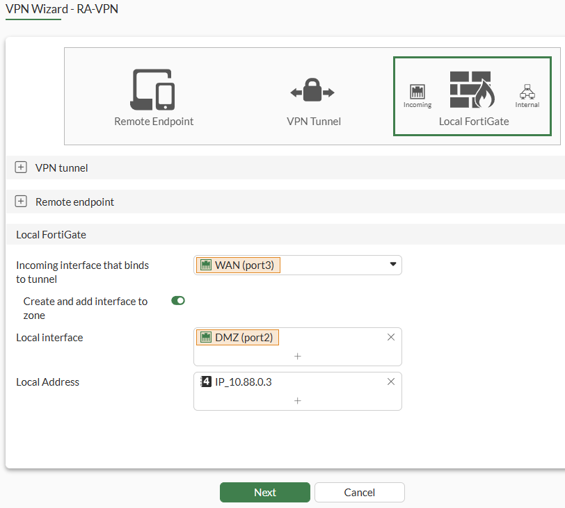 IPsec Remote access configuration on FortiGate VPN Wizard - Local FortiGate