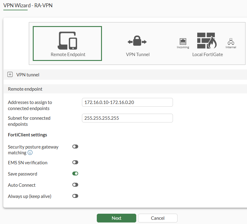 IPsec Remote access configuration on FortiGate VPN Wizard - Remote endpoint