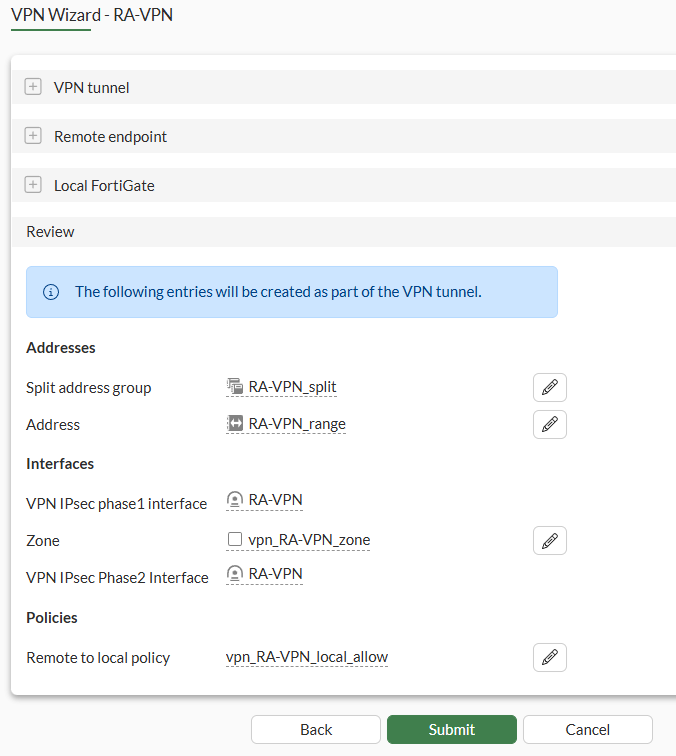 IPsec Remote access configuration on FortiGate VPN Wizard - Review