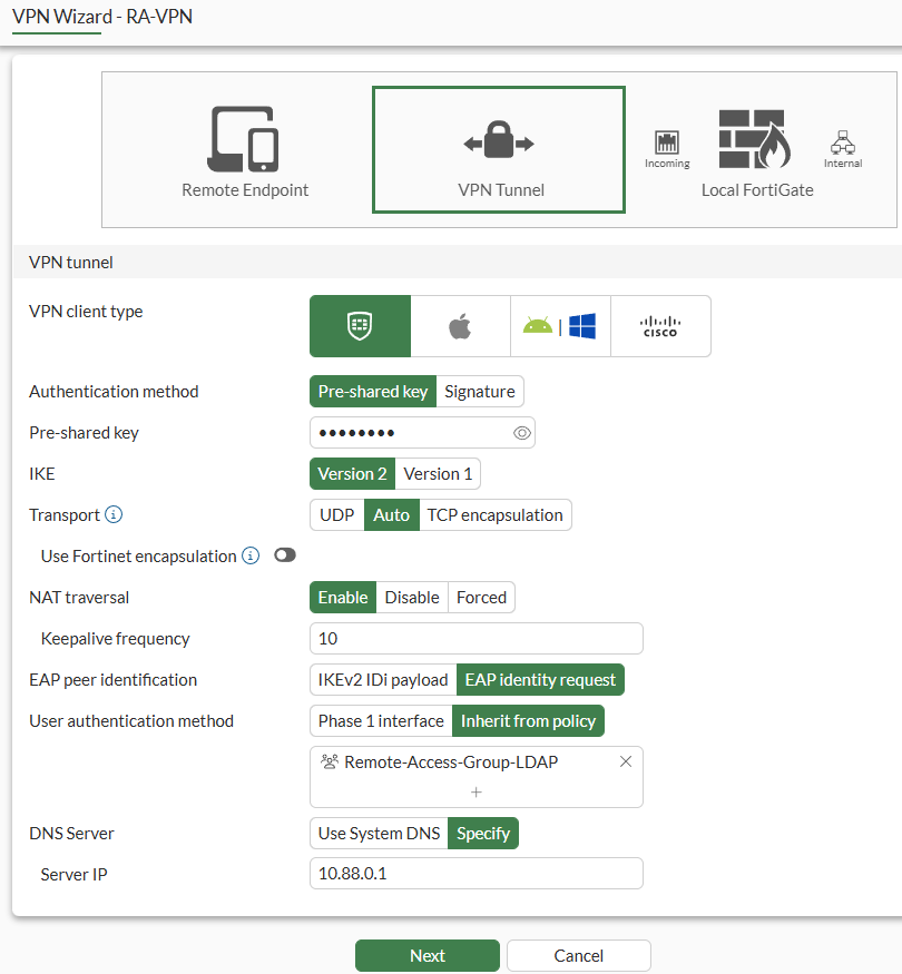 IPsec Remote access configuration on FortiGate VPN Wizard - VPN tunnel