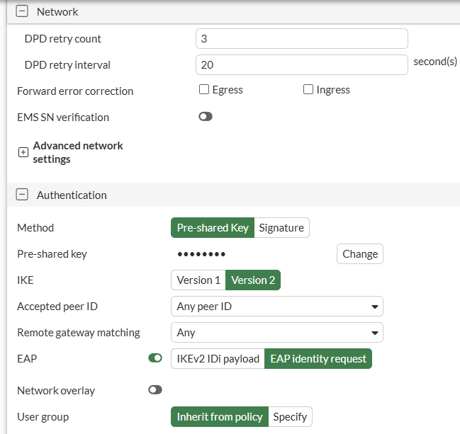 FortiGate IPsec VPN Dialup - Authentication details