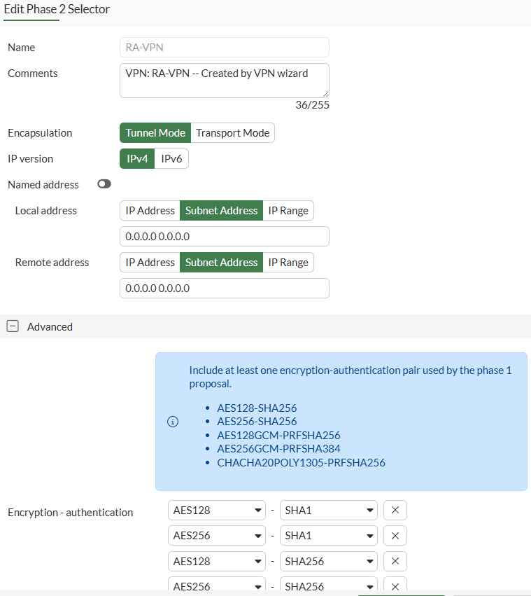 FortiGate IPsec VPN Dialup - Phase 2 selector details