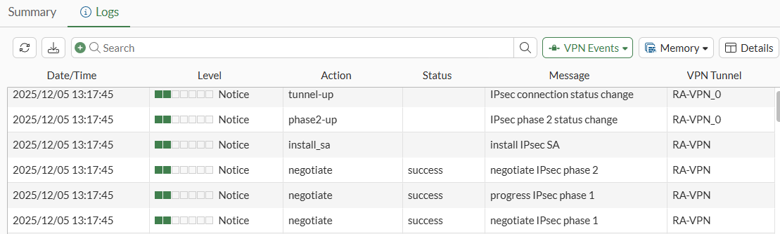 FortiGate IPsec VPN Events logs