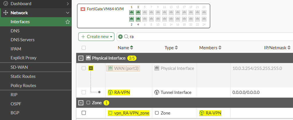 Network interface for VPN dialup interface on FortiGate