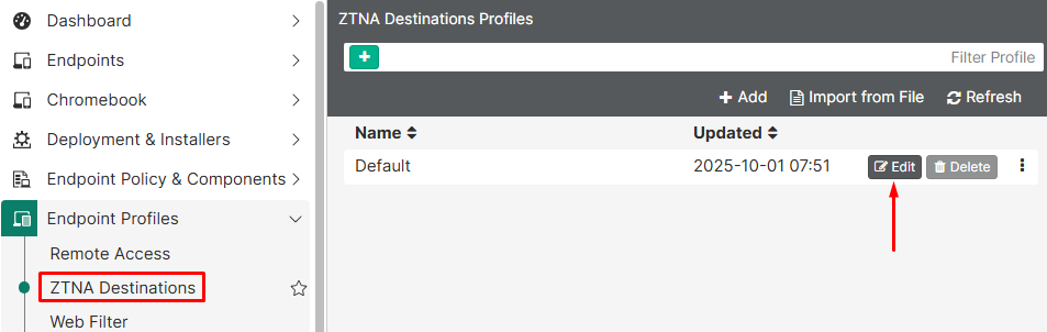 Edit EMS default ZTNA destinations profile