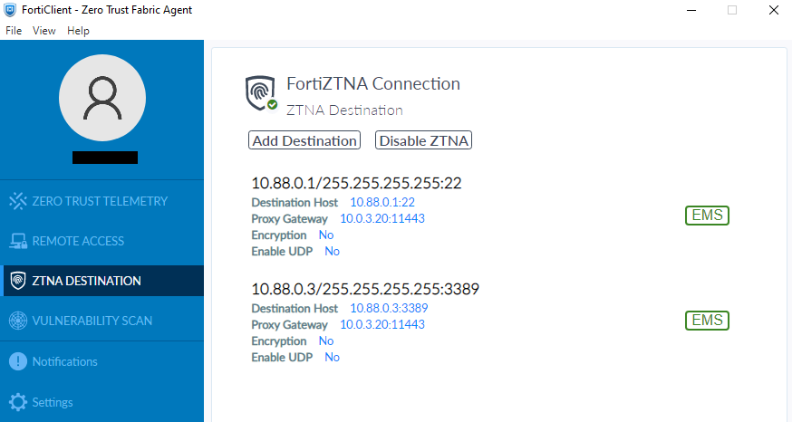 FortiClient ZTNA destination profile synched
