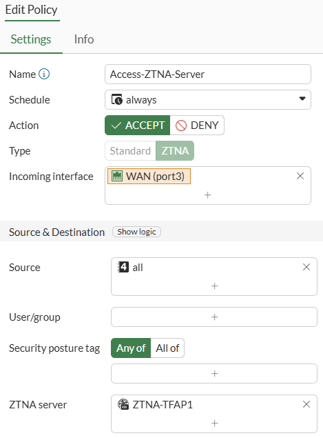 ZTNA firewall policy configuration for TFAP on FortiGate