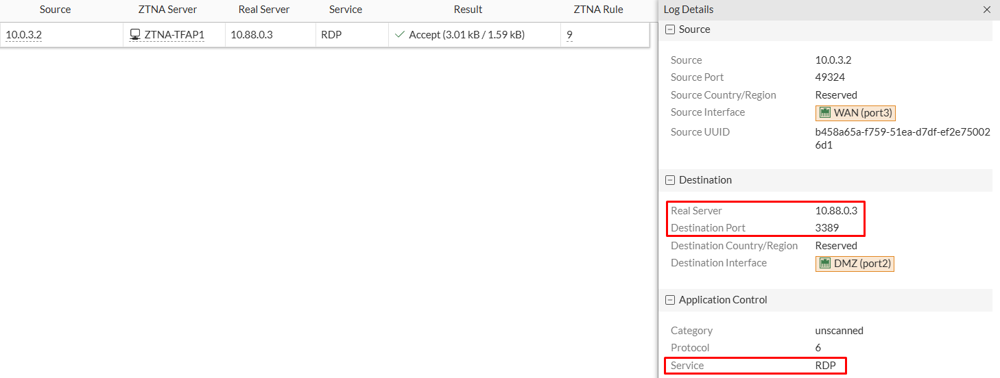 FortiGate ZTNA traffic logs for TFAP RDP test