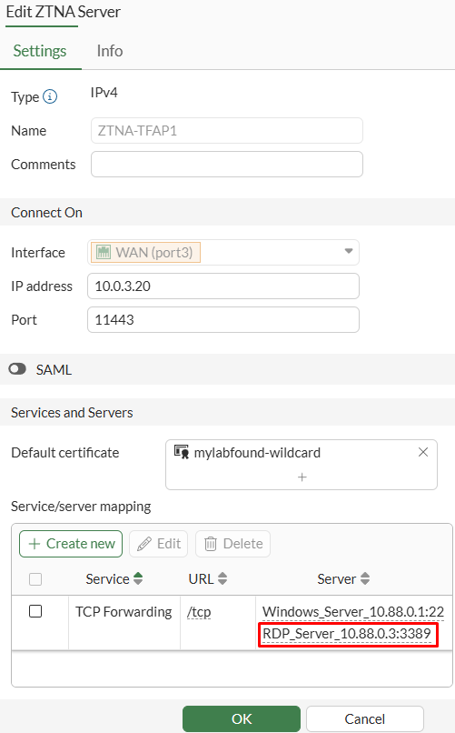Second Service/server mapping on FortiGate ZTNA server