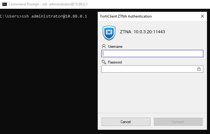 Testing ZTNA TFAP SSH service from Windows client with authentication