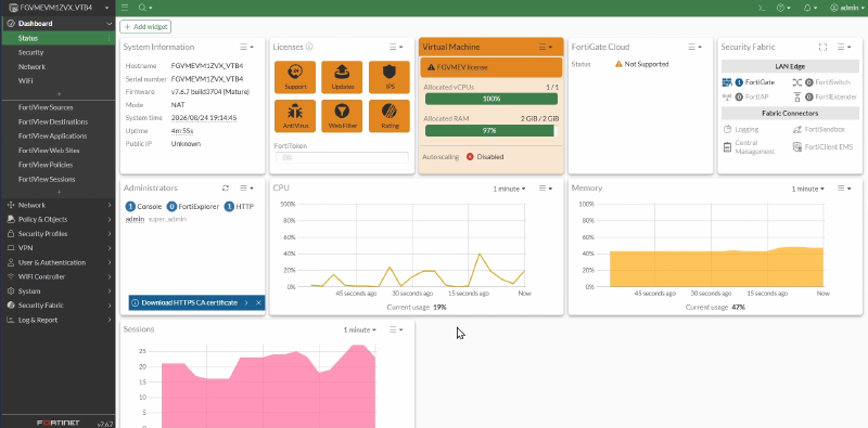 EVE-NG FortiGate dashboard