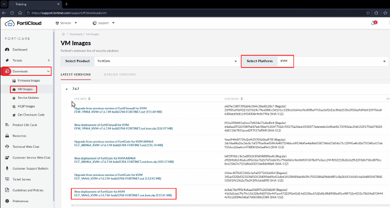 Download FortiGate KVM image on Fortinet Support Site