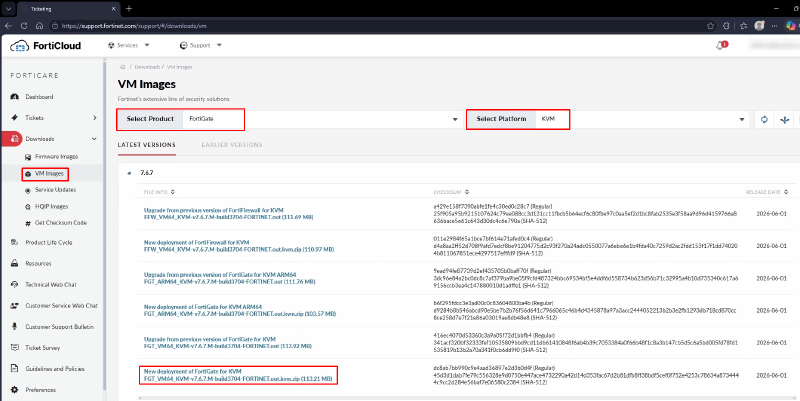 Download FortiGate KVM image on Fortinet Support Site