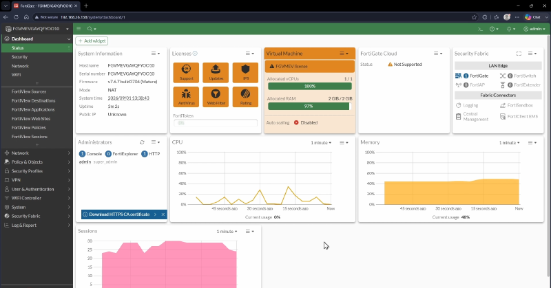 GNS3 FortiGate dashboard
