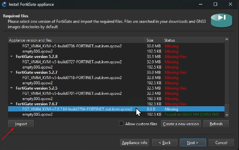 Import image for FortiGate template on GNS3