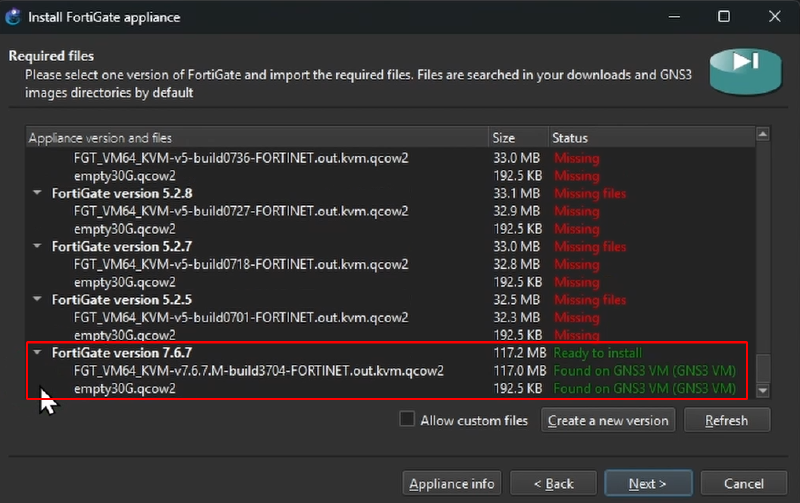 Image imported for FortiGate template on GNS3