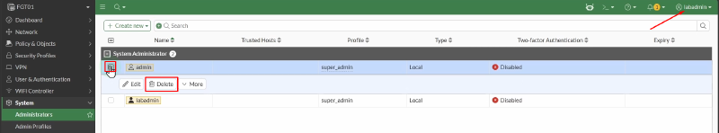 FortiGate delete default administrator
