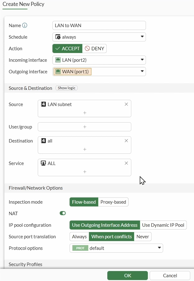 FortiGate LAN to WAN firewall policy
