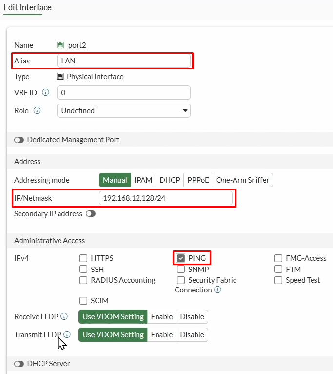 FortiGate port2 LAN configuration