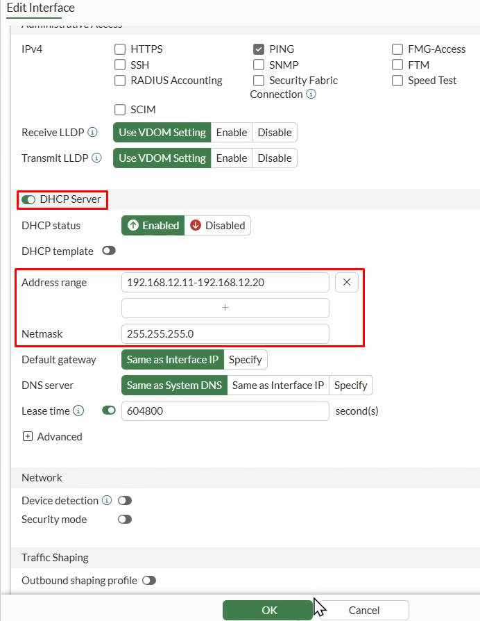 FortiGate port2 DHCP server configuration