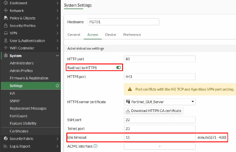 FortiGate system settings access