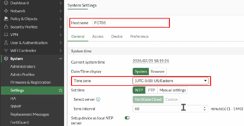 FortiGate time zone system settings