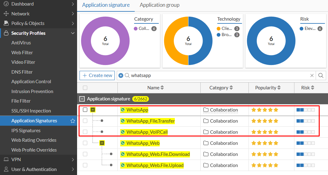 Application signature search on FortiGate