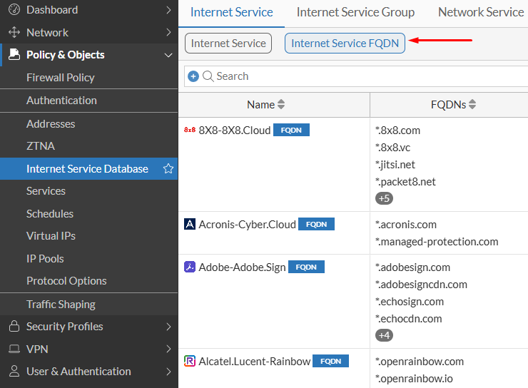 Internet service database FQDN details