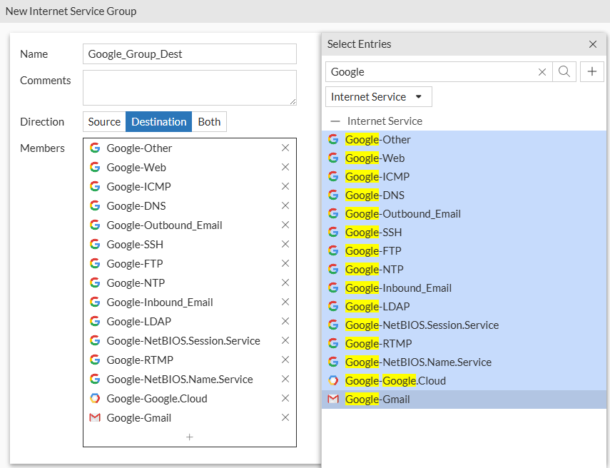 Internet service group creation on FortiGate