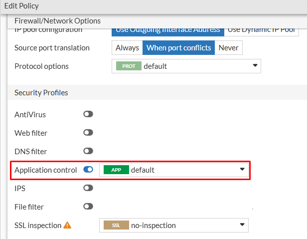 Firewall policy with Application control configured on FortiGate