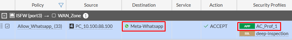 Firewall policy combining application control profile and internet service