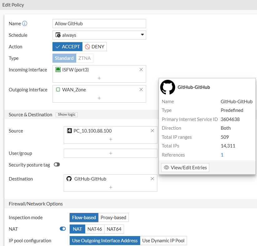 Firewall policy with internet service configured as destination on FortiGate