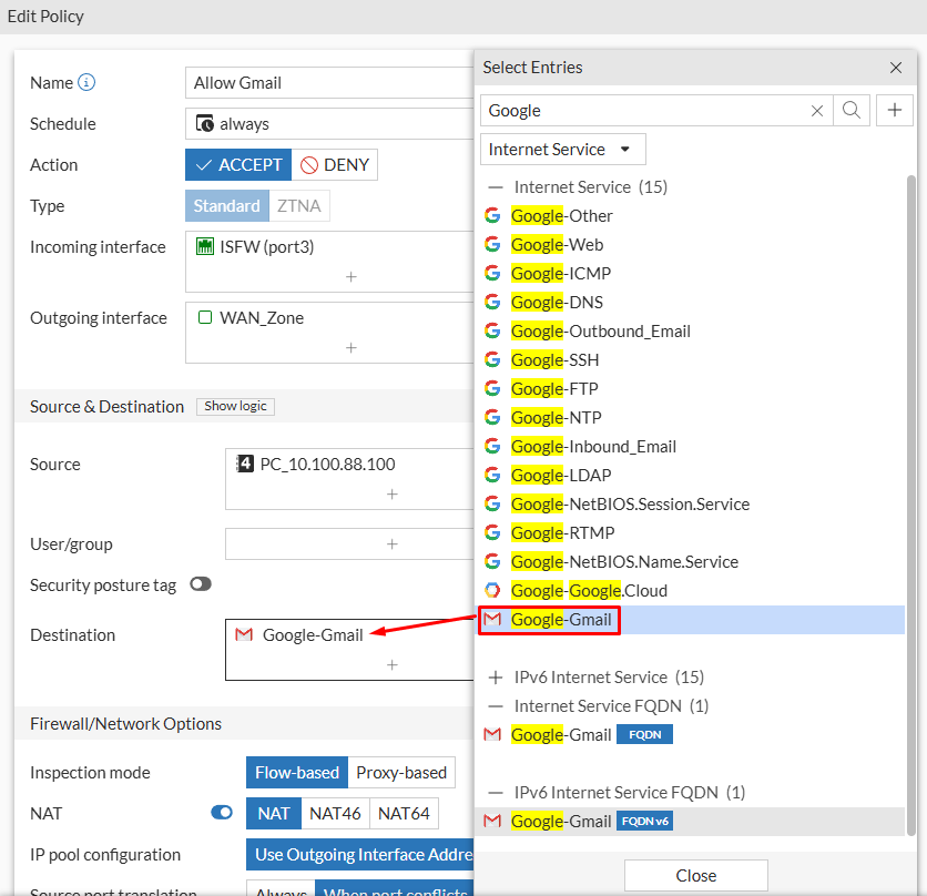 Firewall policy with internet service configured as destination on FortiGate