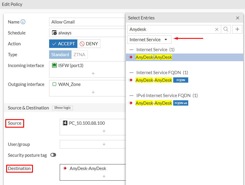 Firewall policy with internet service configured as destination on FortiGate