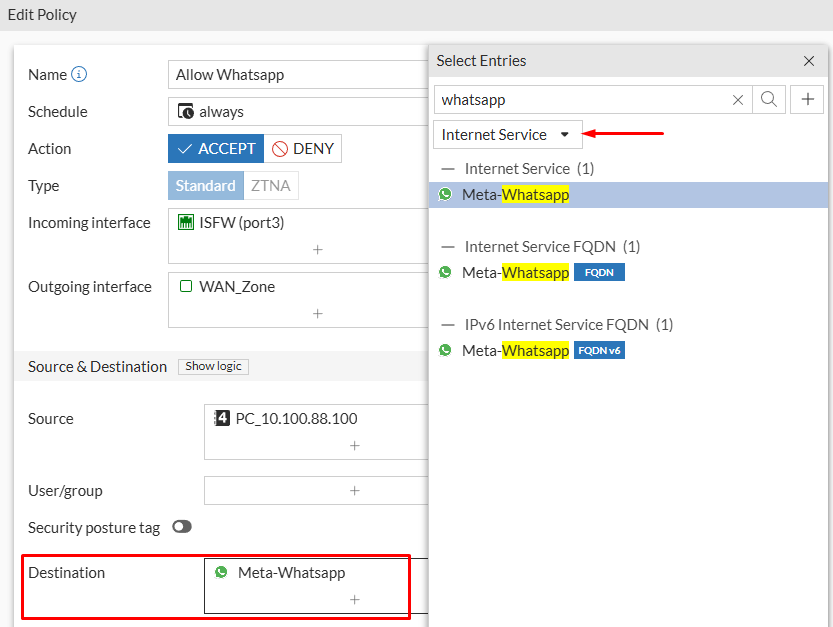 Firewall policy with internet service configured as destination on FortiGate