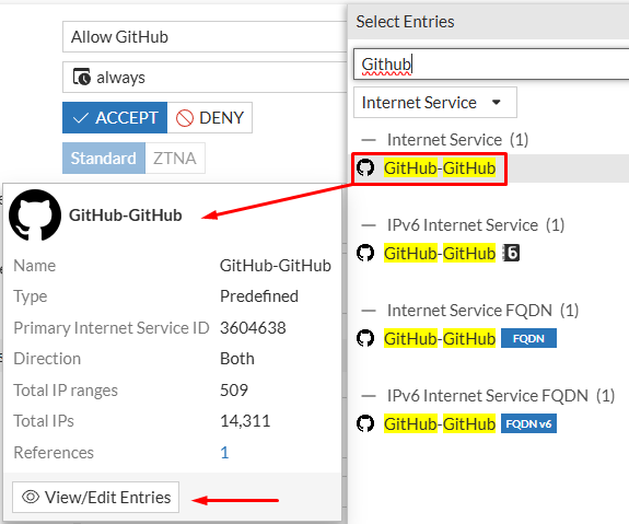 Show entries of internet service on FortiGate