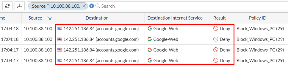 Traffic log with destination internet service denied on FortiGate
