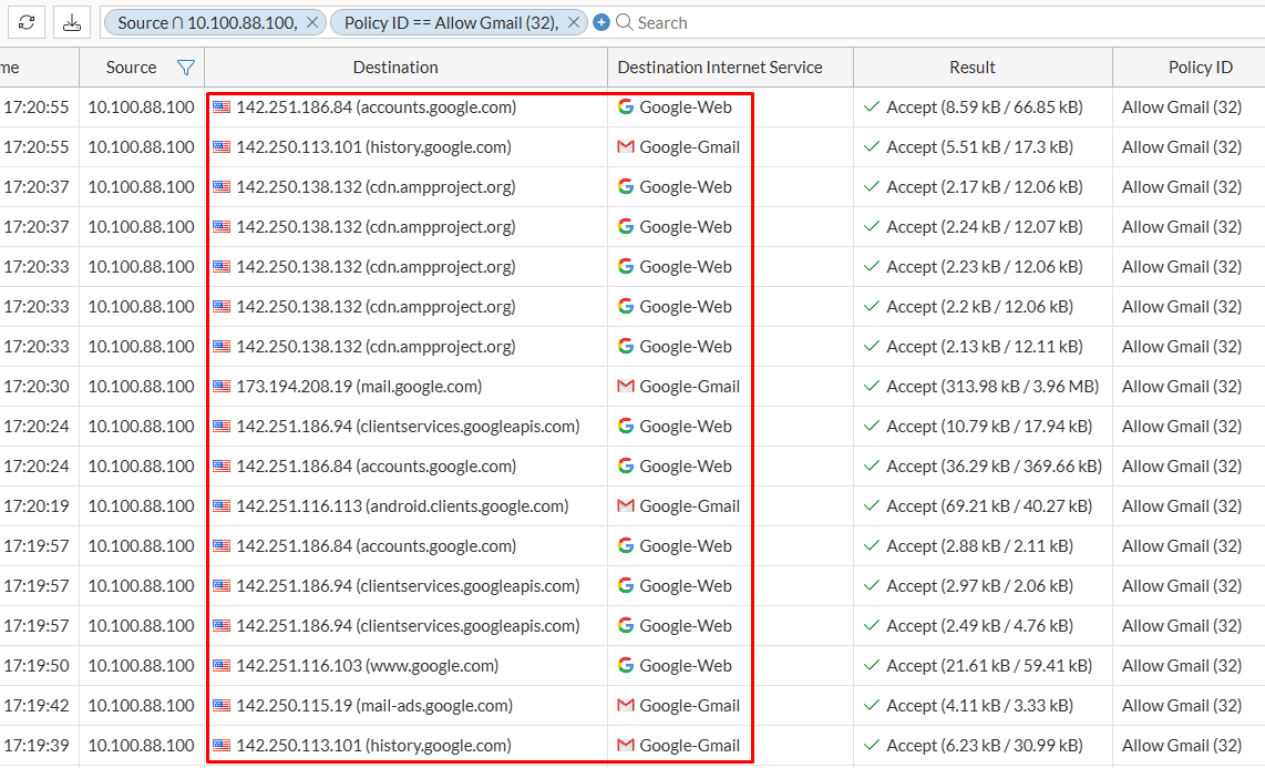 Traffic log with destination internet service on FortiGate