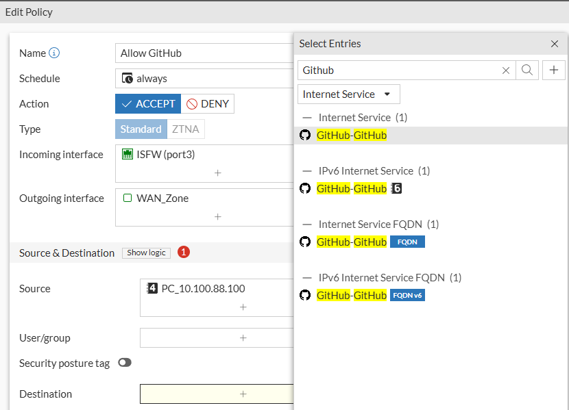 Using Internet Service as destination on FortiGate