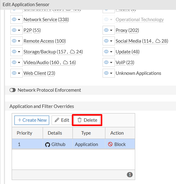 Delete entry on Application Control override on FortiGate