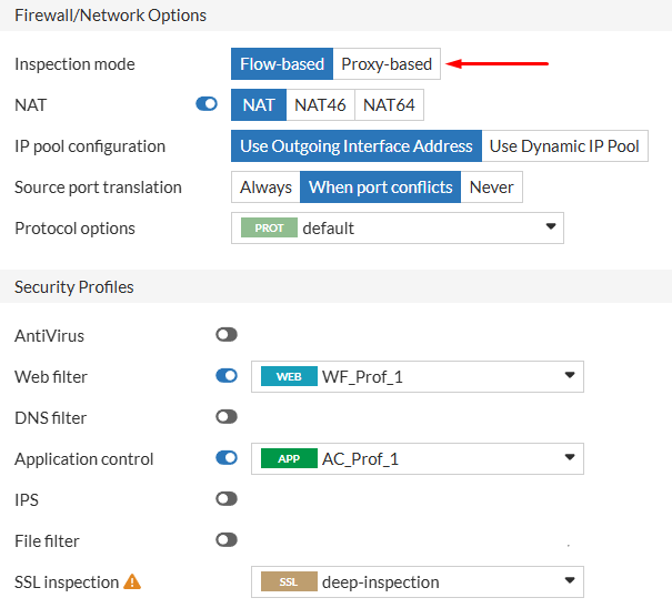 Firewall policy with web filter and application control profiles on FortiGate