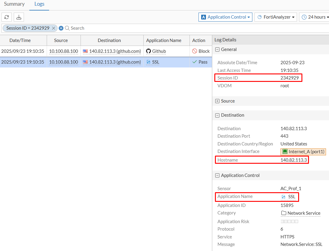 Security Event Application Control log details on FortiGate